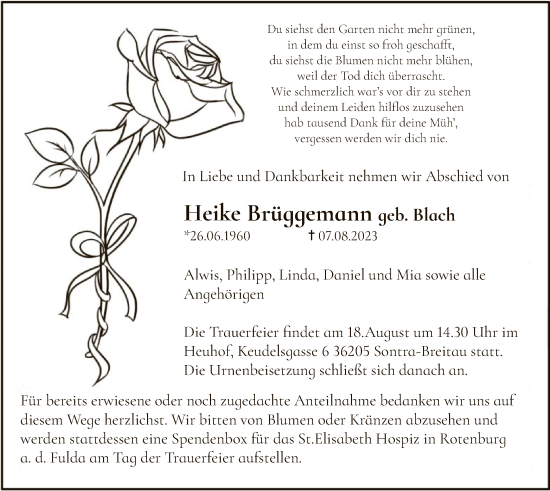 Todesanzeige von Heike Brüggemann von HNA