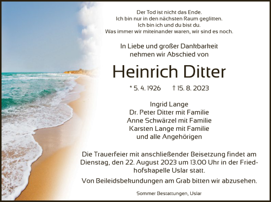 Todesanzeige von Heinrich Ditter von HNA