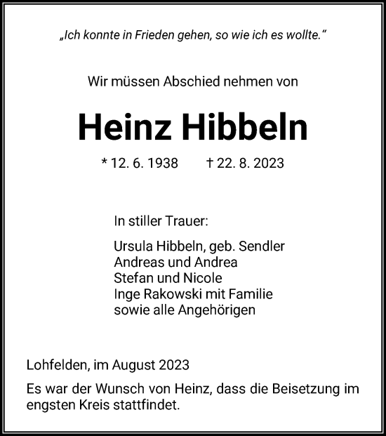 Todesanzeige von Heinz Hibbeln von HNA