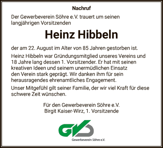 Todesanzeige von Heinz Hibbeln von HNA