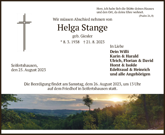 Todesanzeige von Helga Stange von HNA