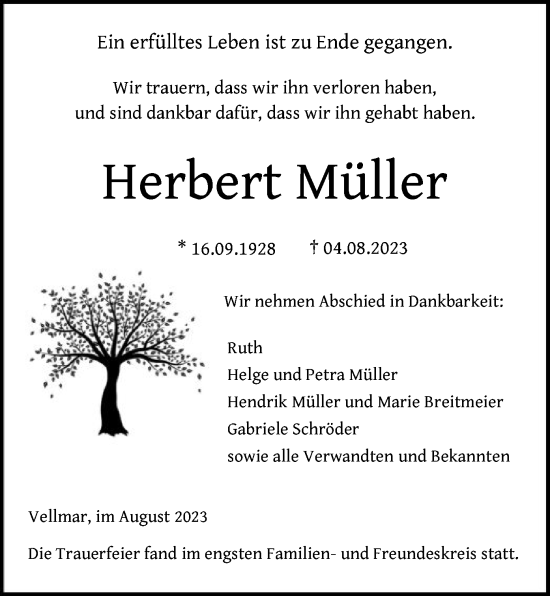 Todesanzeige von Herbert Müller von HNA