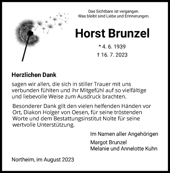 Todesanzeige von Horst Brunzel von HNA