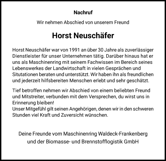 Todesanzeige von Horst Neuschäfer von HNA