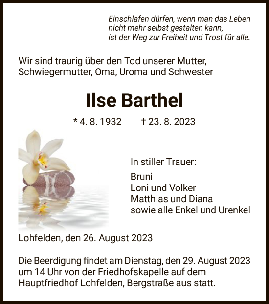 Todesanzeige von Ilse Barthel von HNA