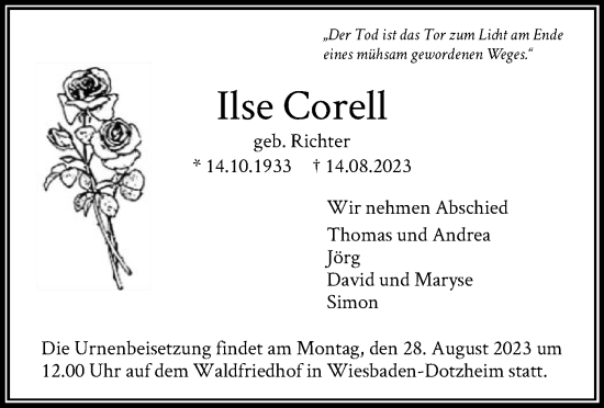Todesanzeige von Ilse Corell von HNA