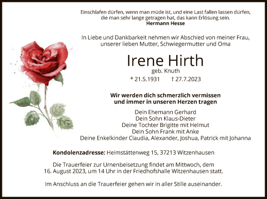 Todesanzeige von Irene Hirth von HNA