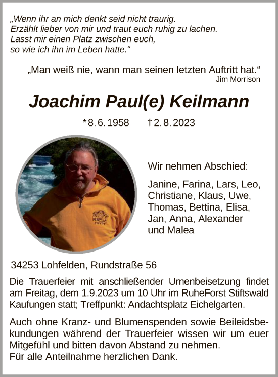 Todesanzeige von Joachim Paul Keilmann von HNA