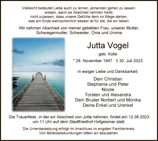 Todesanzeige von Jutta Vogel von HNA