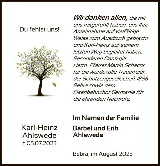 Todesanzeige von Karl-Heinz Ahlswede von HNA