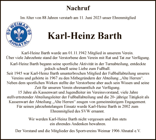 Todesanzeige von Karl-Heinz Barth von HNA