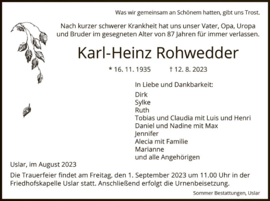 Todesanzeige von Karl-Heinz Rohwedder von HNA