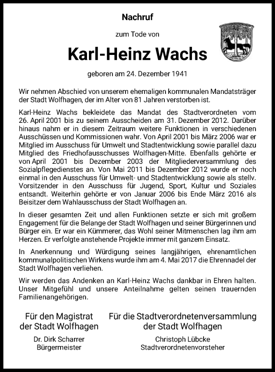 Todesanzeige von Karl-Heinz Wachs von HNA
