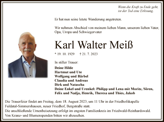 Todesanzeige von Karl Walter Meiß von HNA