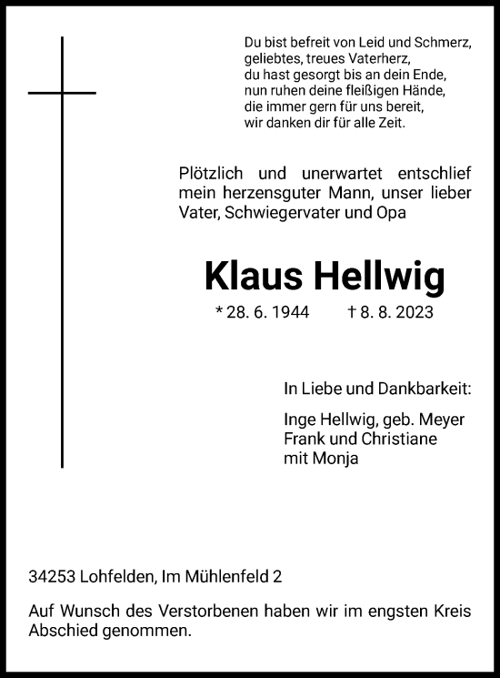 Todesanzeige von Klaus Hellwig von HNA