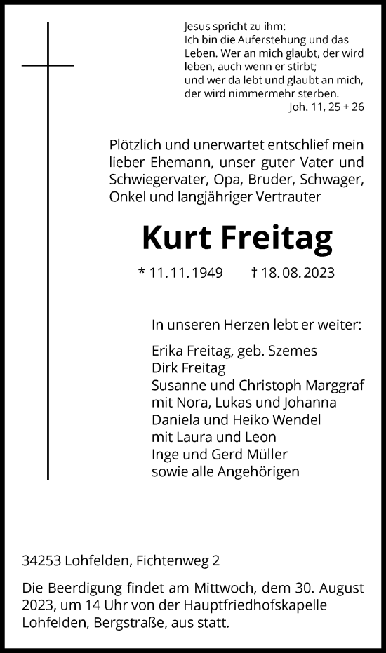 Todesanzeige von Kurt Freitag von HNA