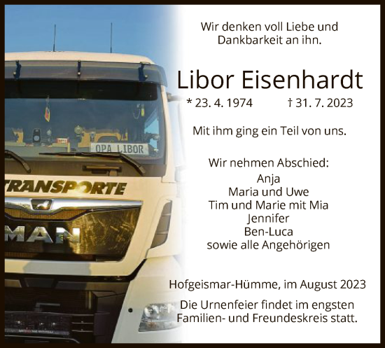 Todesanzeige von Libor Eisenhardt von HNA