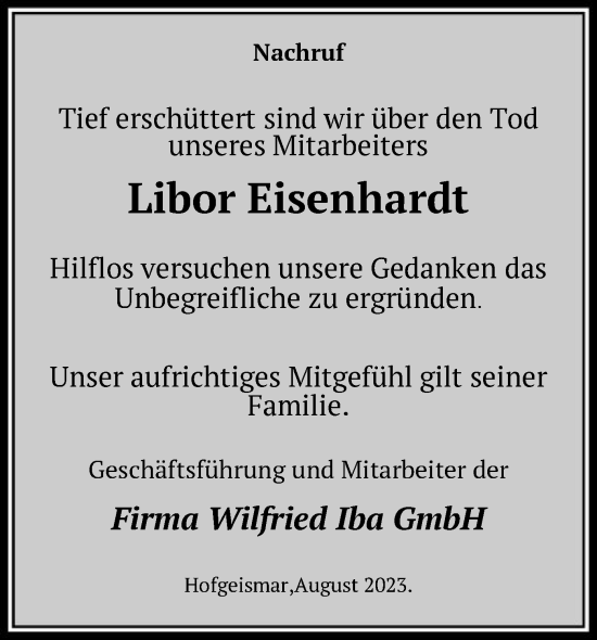 Todesanzeige von Libor Eisenhardt von HNA