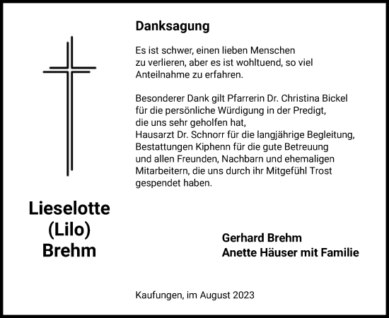 Todesanzeige von Lieselotte Brehm von HNA