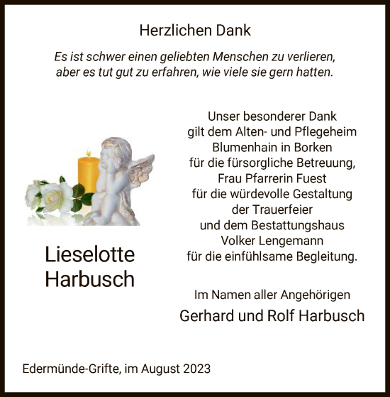 Todesanzeige von Lieselotte Harbusch von HNA