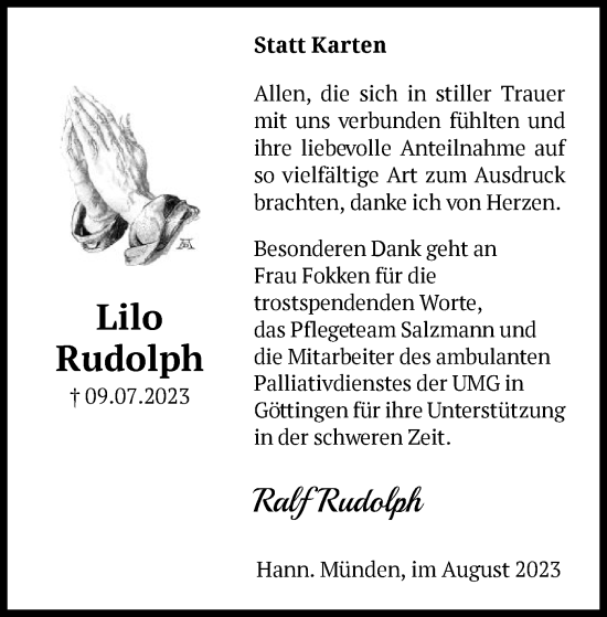 Todesanzeige von Lilo Rudolph von HNA