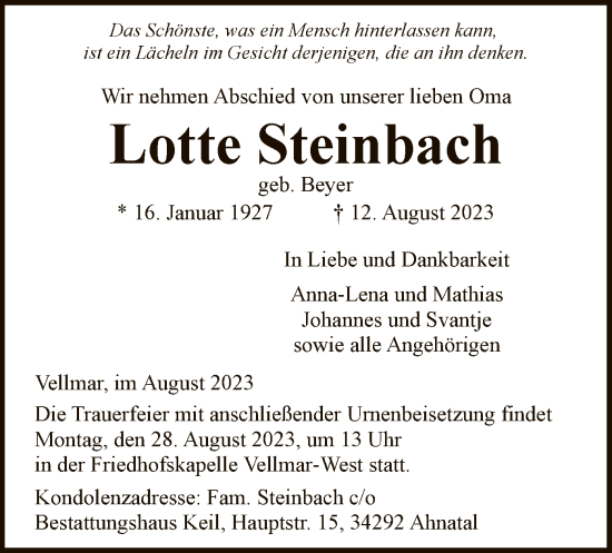 Todesanzeige von Lotte Steinbach von HNA