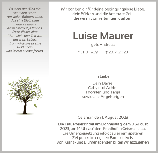 Todesanzeige von Luise Maurer von HNA