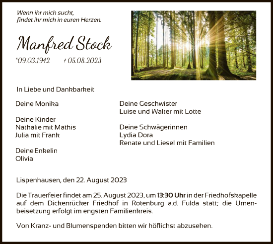 Todesanzeige von Manfred Stock von HNA