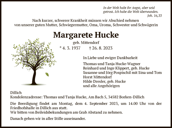 Todesanzeige von Margarete Hucke von HNAHNA