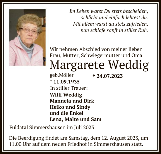 Todesanzeige von Margarete Weddig von HNA