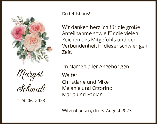 Todesanzeige von Margot Schmidt von HNA