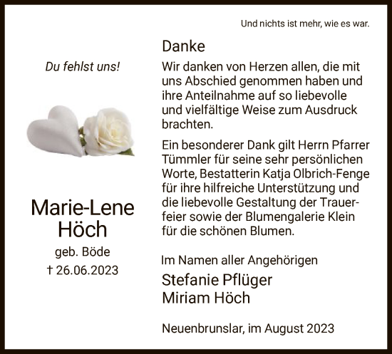 Todesanzeige von Marie-Lene Höch von HNA
