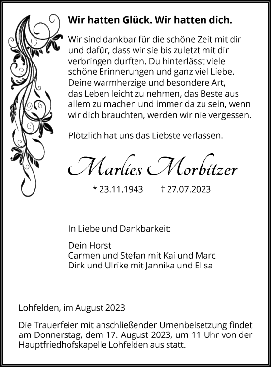 Todesanzeige von Marlies Morbitzer von HNA