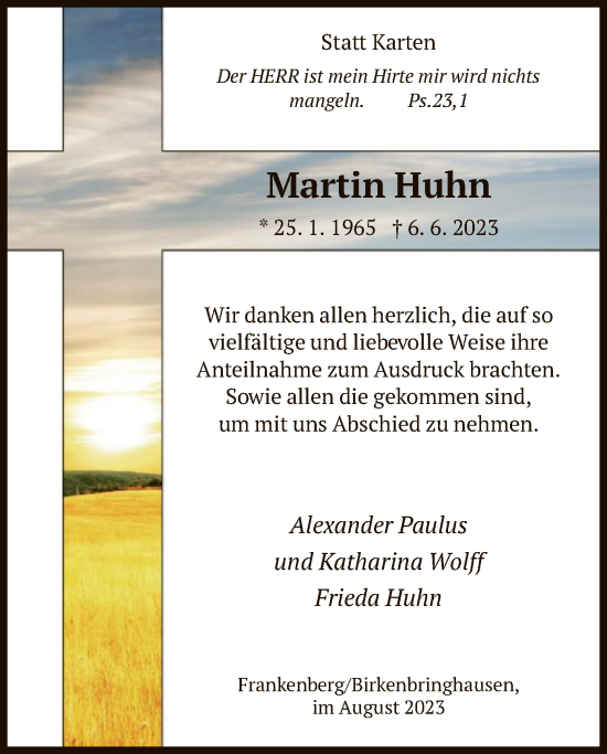 Todesanzeige von Martin Huhn von HNA