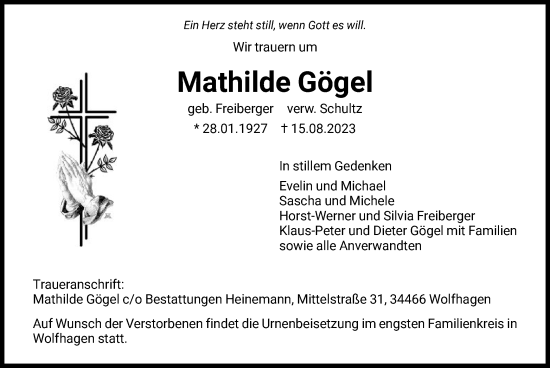 Todesanzeige von Mathilde Gögel von HNA