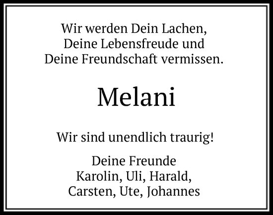 Todesanzeige von Melani  von HNA