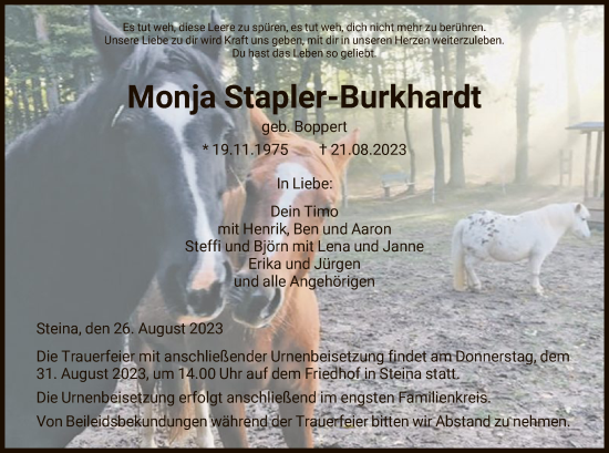 Todesanzeige von Monja Stapler-Burkhardt von HNA
