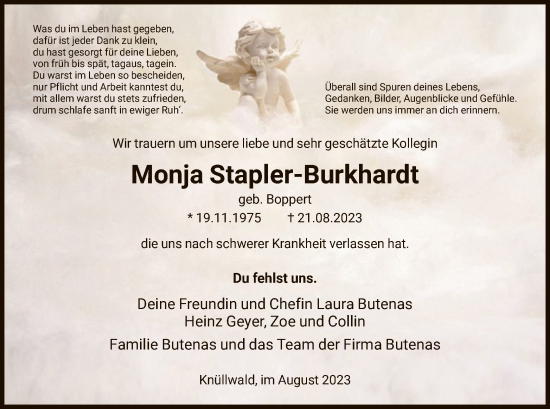 Todesanzeige von Monja Stapler-Burkhardt von HNAHNAHNAHNA