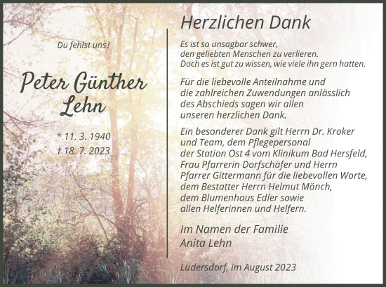 Todesanzeige von Peter Günther Lehn von HNA