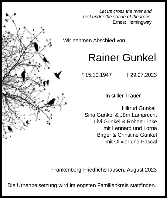 Todesanzeige von Rainer Gunkel von HNA