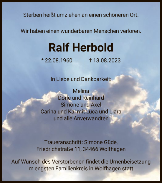 Todesanzeige von Ralf Herbold von HNA
