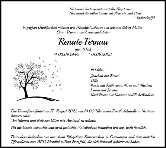 Todesanzeige von Renate Fernau von HNA