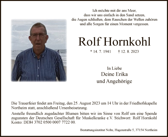 Todesanzeige von Rolf Hornkohl von HNA