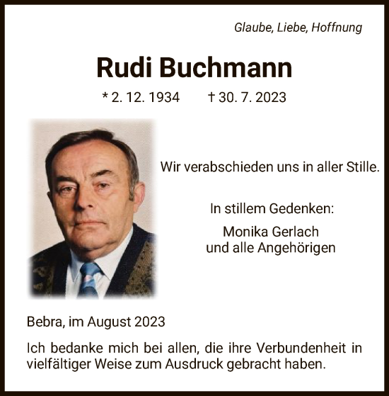 Todesanzeige von Rudi Buchmann von HNA