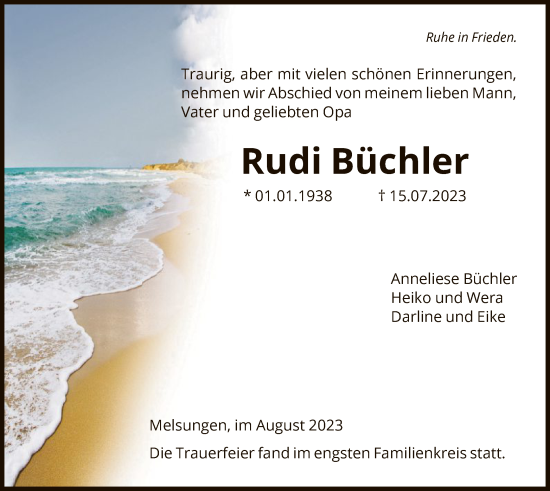 Todesanzeige von Rudi Büchler von HNA