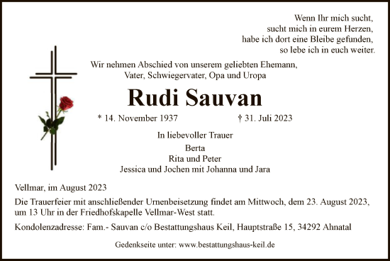 Todesanzeige von Rudi Sauvan von HNA