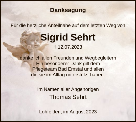 Todesanzeige von Sigrid Sehrt von HNA