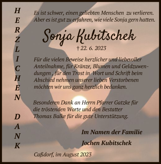 Todesanzeige von Sonja Kubitschek von HNA