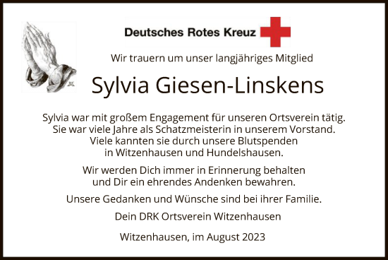 Todesanzeige von Sylvia Giesen-Linskens von HNA