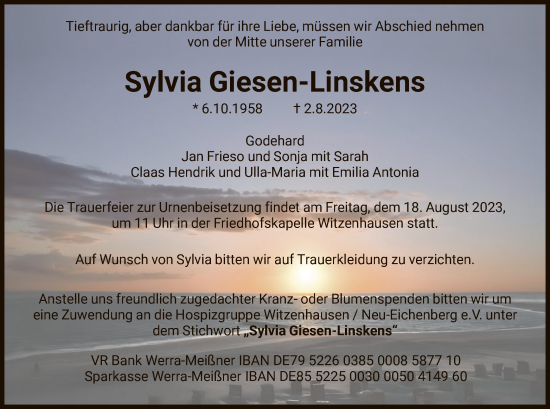 Todesanzeige von Sylvia Giesen-Linskens von HNA
